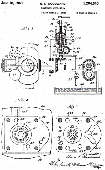 Elmer Woodward's propeller engine governor patent number 2,204,640